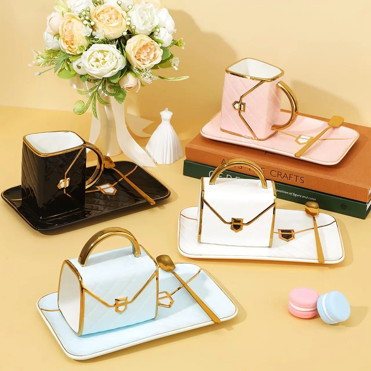 Creative Handbag Shaped Coffee Cup & Saucer & Spoon Set, 1 Set Exquisite Elegant Coffee Cup Set, Stylish Drinkware for Home Kitchen Party Office, Coffee Cups Gift, Ceramic Coffee Cups