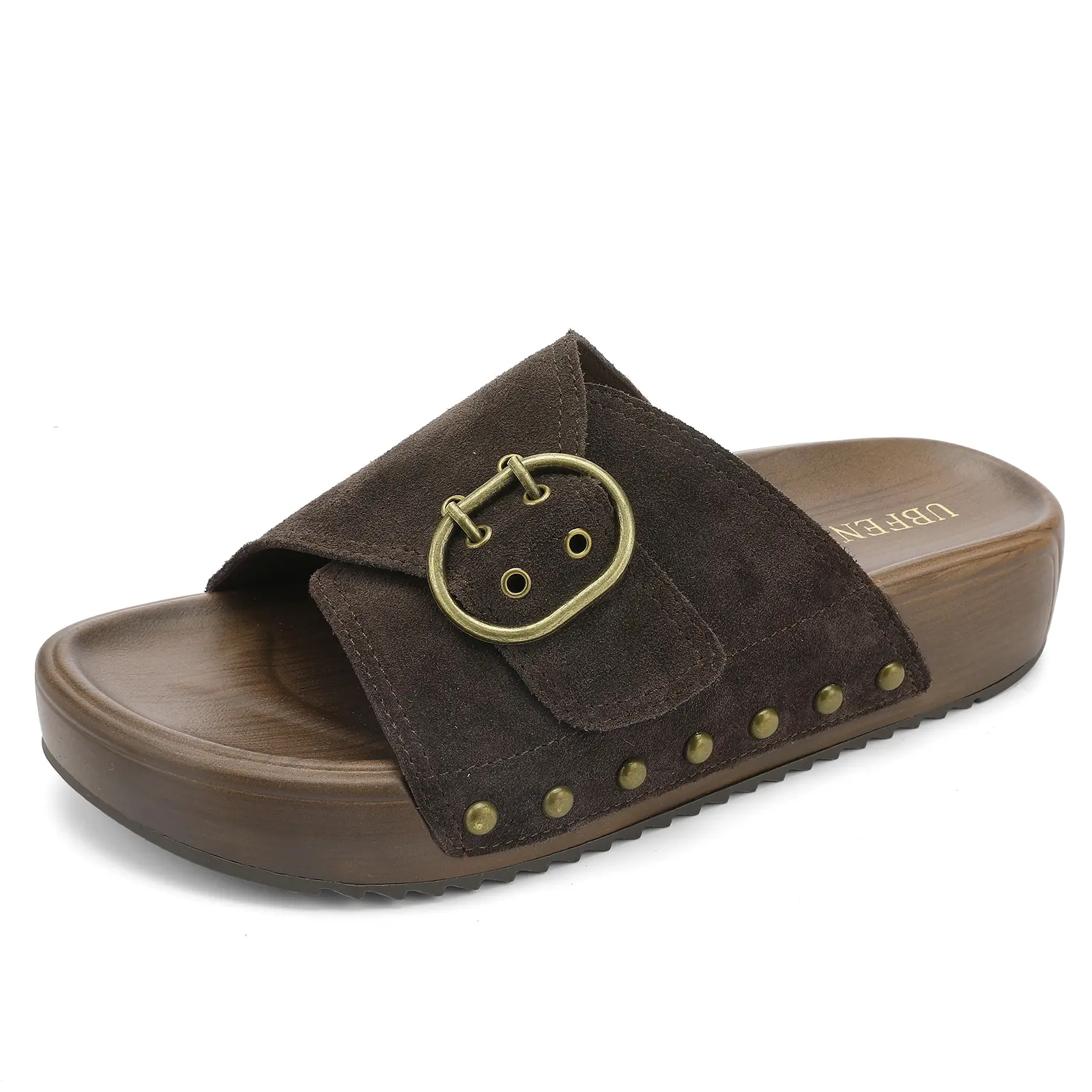 UBFEN Women's Platform Buckle Decorated Slides - Soft Leather Walking Shoes with Arch Support for Summer Footwear