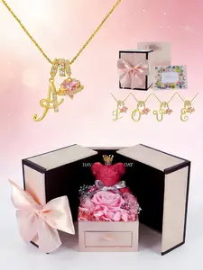 26 Letters Dopamine Women's 18K Gold CZ Birthstone Necklace, A-Z Initial Pendant with Exquisite Double-Door Rose & Bear Jewelry Gift, Ideal Gift for Wife, Birthdays, Mother's Day, Valentine's Day & Christmas