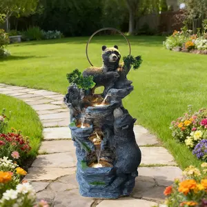 Bear Outdoor Fountain with LED Lights and Five Tiered Waterfall Water Features,Suitable for Courtyard,Gardenand Indoor Decoration