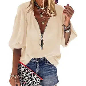 Womens V-Neck Lantern Sleeve Blouse Zipper Design Loose Casual Top Shirts