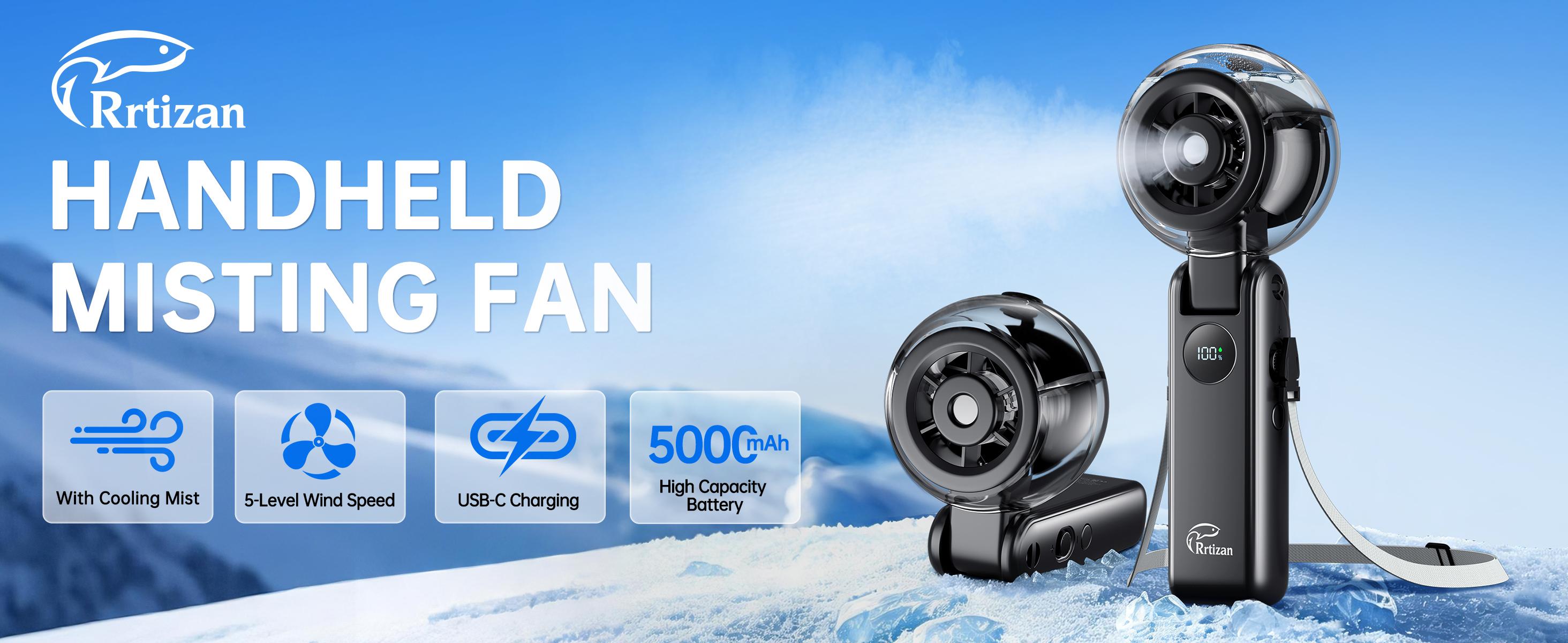Rrtizan Handheld Misting Fan Portable - Small Personal Mister Fan Blow Cold Air, 5000mAh Rechargeable Battery, Water Spray Cooling for Summer Outdoor Travel Beach Lash Makeup, Gifts for Women Rrtizan Handheld Misting Fan Portable - Small Personal Mister Fan Blow Cold Air, 5000mAh Rechargeable Battery, Water Spray Cooling for Summer Outdoor Travel Beach Lash Makeup, Gifts for Women