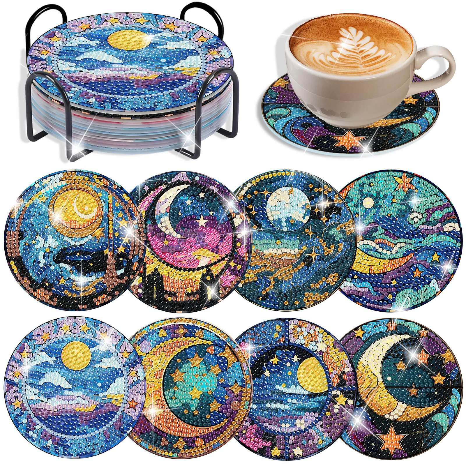 8-piece DIY diamond painting coaster kit, star and moon landscape 5D diamond art kit, includes storage rack, tool bag, and cork mat, suitable for adults.
