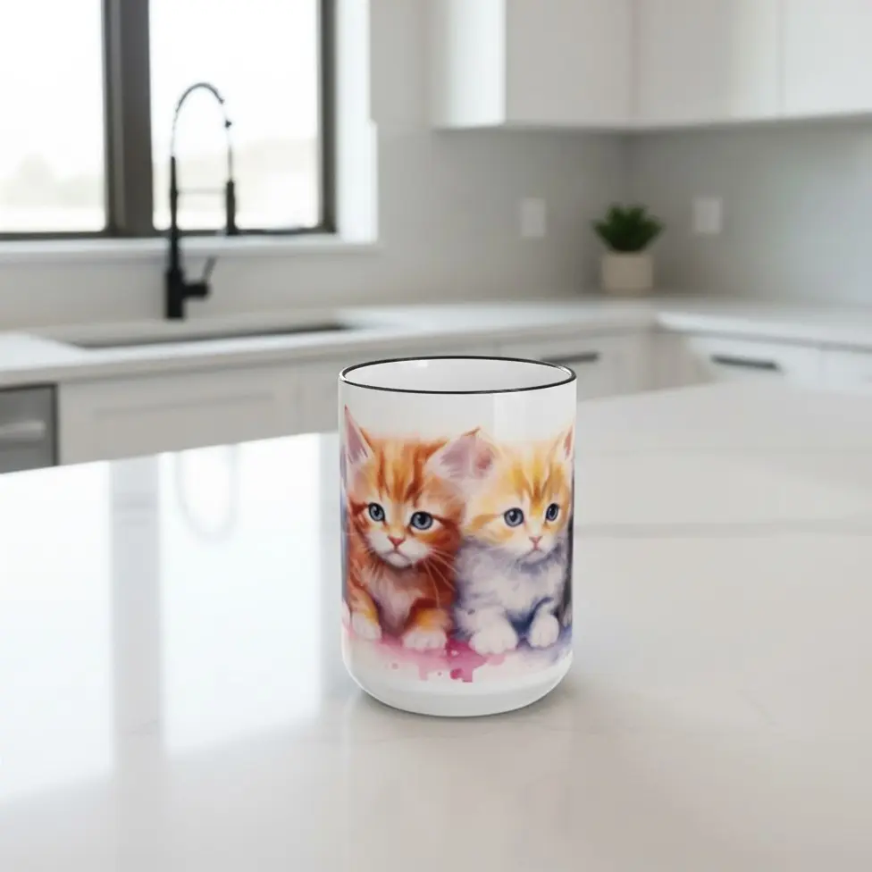 15oz Modern Kitten Art Ceramic Mug - Accent Rim, Accent Handle Cozy Ceramic Cup for Coffee Bar, Washable Kitchenware Animal Character Cute Mug, Ceramic Cups