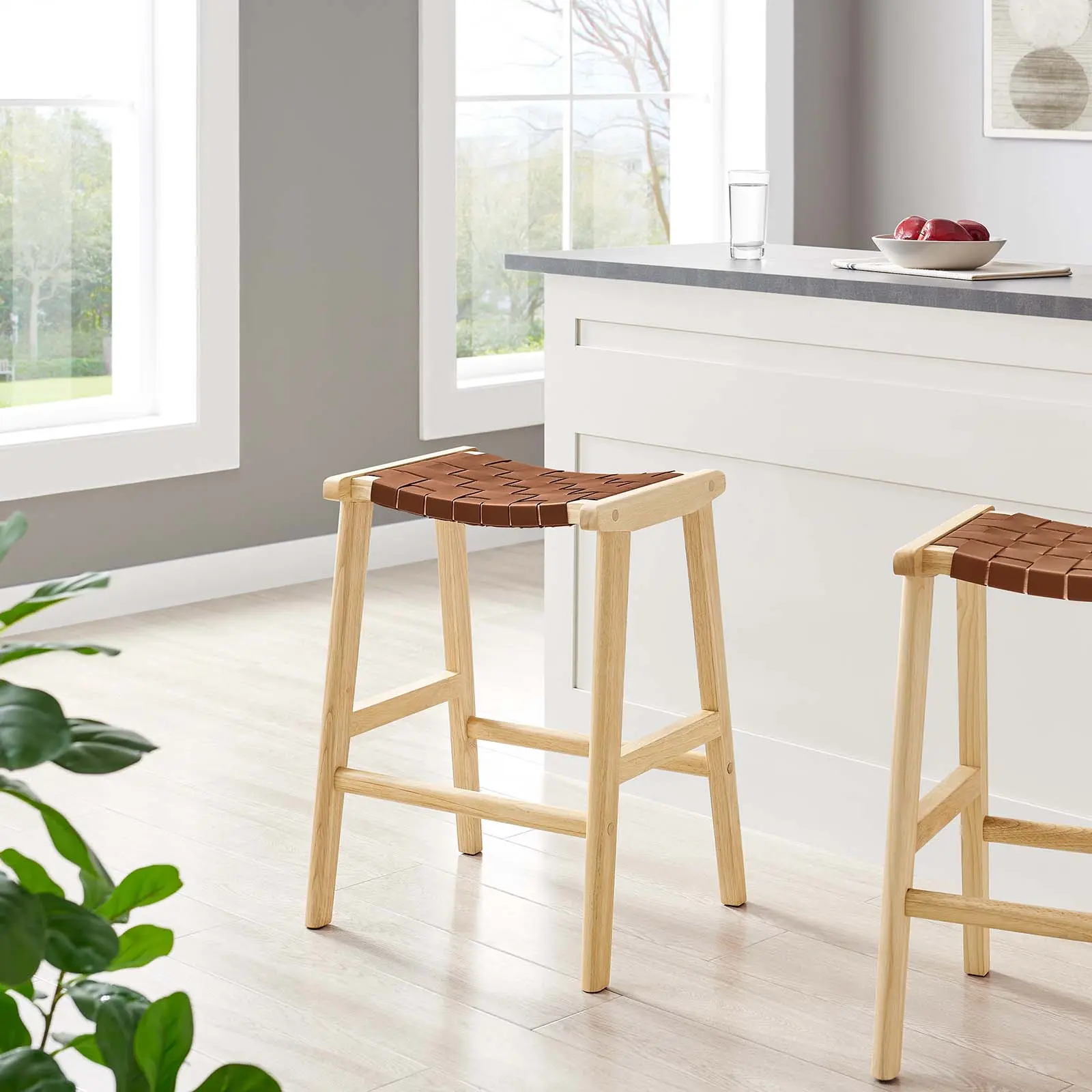 Modway Saoirse Faux Leather Wood Counter Stool - Set of 2 in Natural Brown