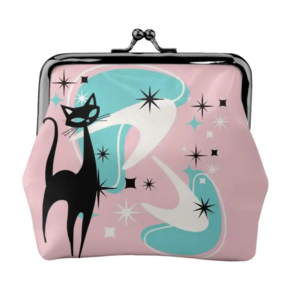 Atomic Pink Aqua Boomerang Kitschy Cat Mod Coin Purse for Women