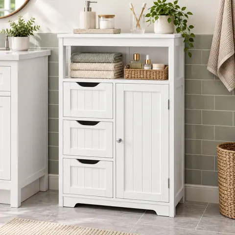 Yaheetech Free-Standing Storage Furniture Wood Cabinet Chest - 1-Door, 3-Drawer MDF Cabinet with Metal Hardware, Adjustable Shelves for Bathroom, Kitchen