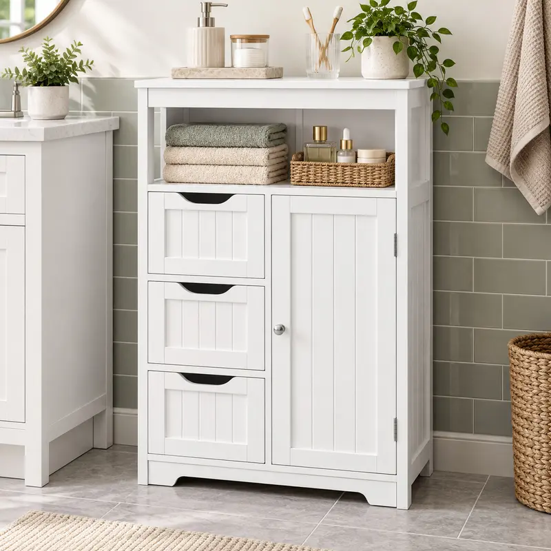 Yaheetech Free-Standing Storage Furniture Wood Cabinet Chest - 1-Door, 3-Drawer MDF Cabinet with Metal Hardware, Adjustable Shelves for Bathroom, Kitchen