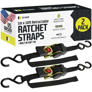 1 inch  x 10’ Retractable Ratchet Straps w/ Integrated Soft Loops 2 Pack