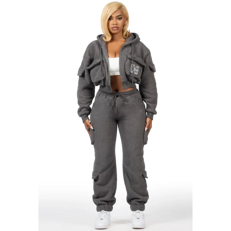 Renea Grey Sherpa Cargo Baggy Fit Track Set