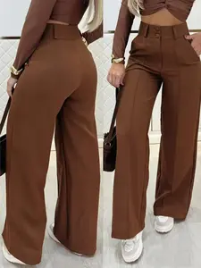 Women's High Waist Wide Leg Pants, Bottom, Dual Button Decoration, Fashionable Everyday Daily Wear, Stylish and Comfortable, Perfect for Casual