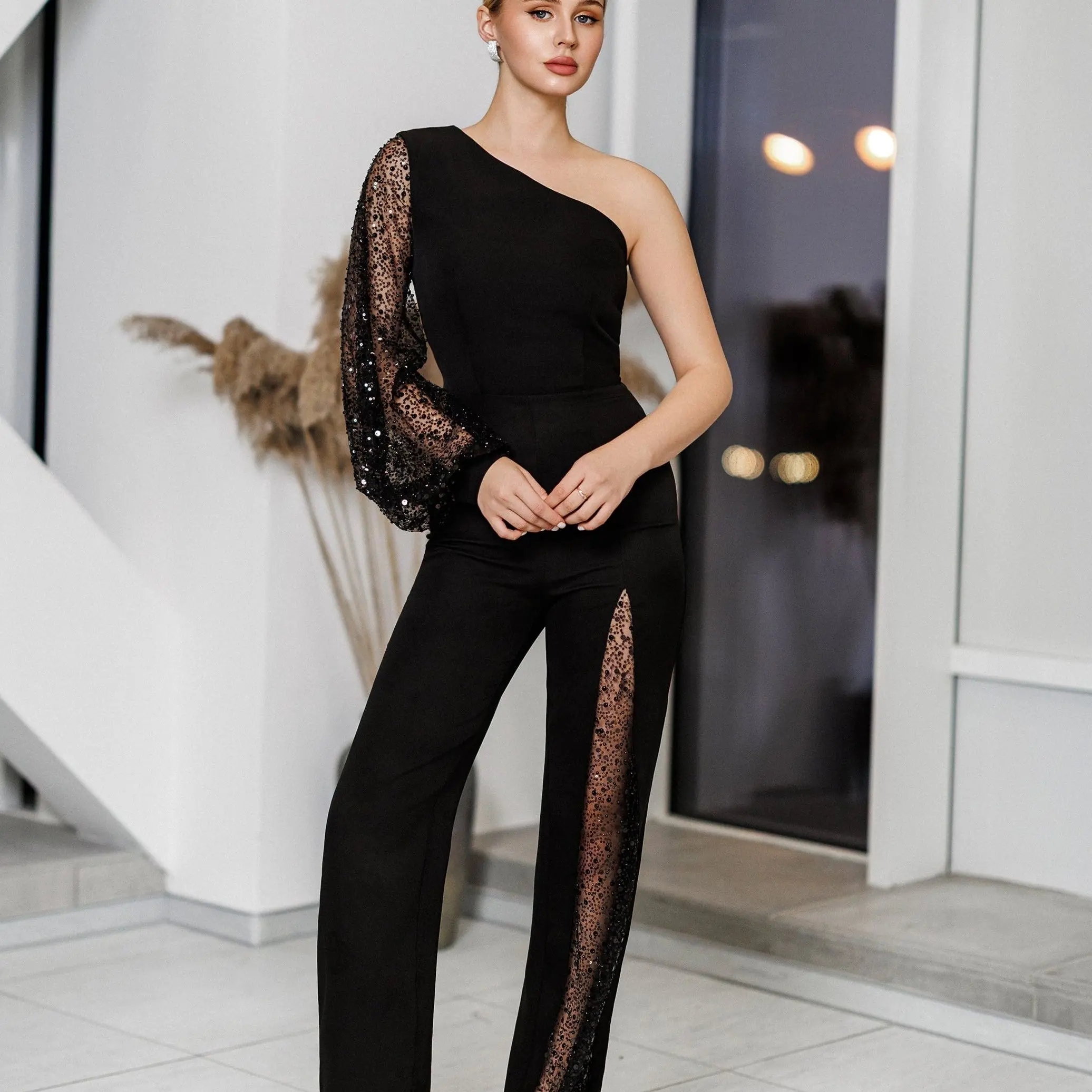 Carina Black One-Shoulder Asymmetric Jumpsuit