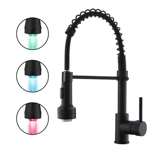 Matte Black LED Commercial Kitchen Faucet with Pull Down Sprayer, Single Handle High Arc Gooseneck Kitchen Sink Faucet, 360° Swivel Faucet with Stream & Spray Modes