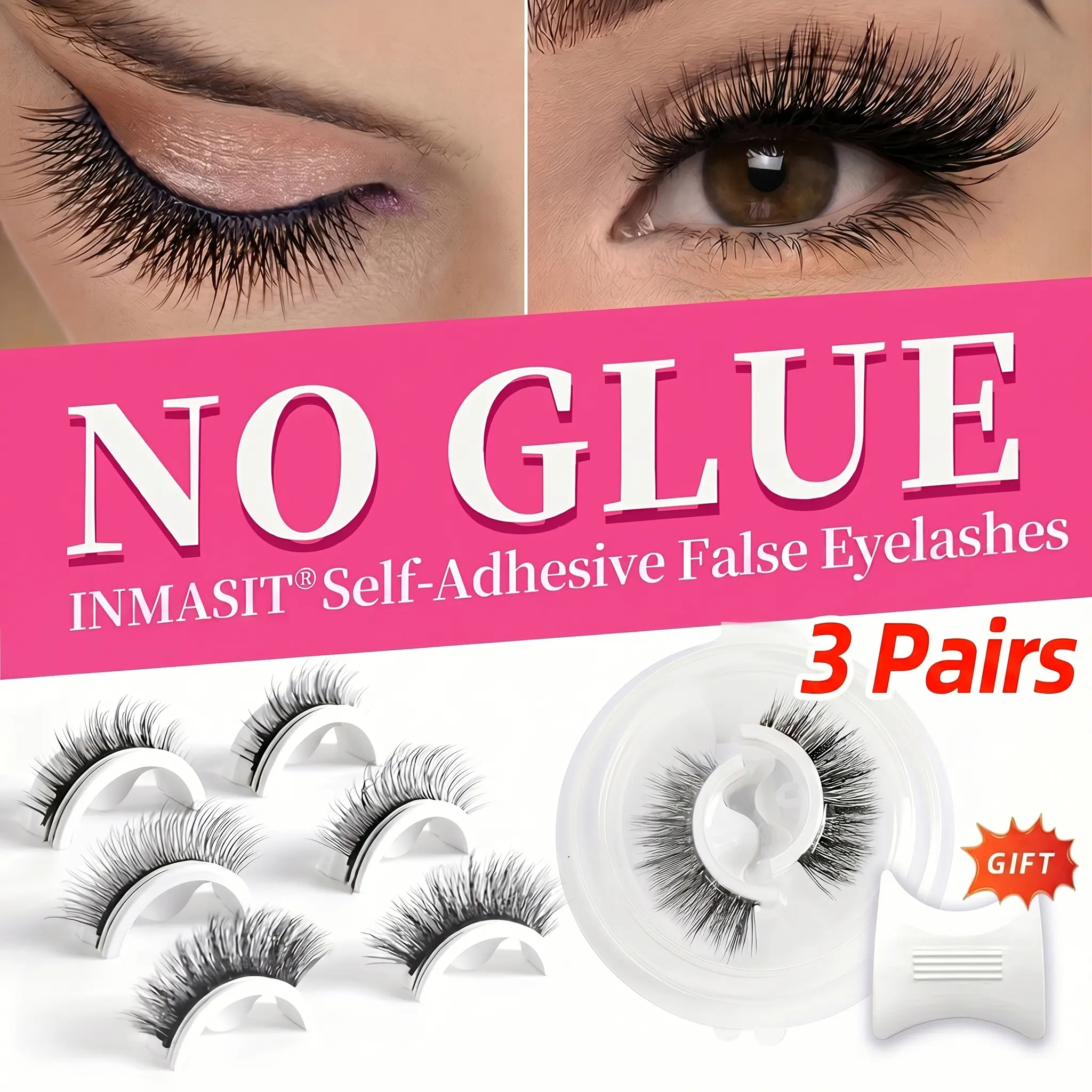 INMASIT Self-Adhesive False Eyelashes - 3/6 Pairs No-Glue 3D Mink-Like 0.05 mm Fluffy Dense Natural Dense CC Curl Volumizing Reusable Lightweight Compact Set for Daily Wear & Parties Makeup