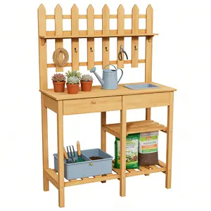 Wooden Potting Bench with Drawer & Cabinet - Garden Work Bench Table for Outdoor