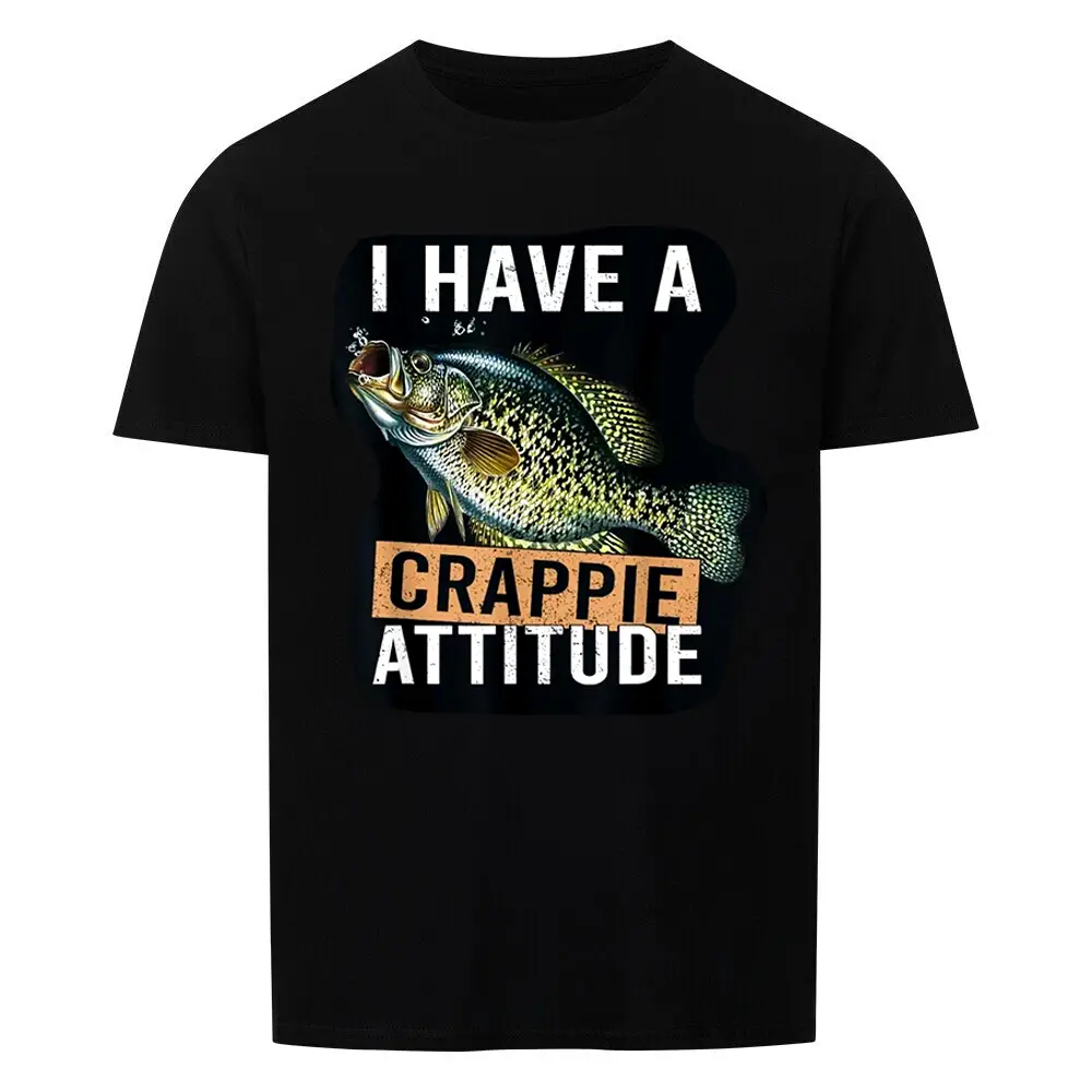 Men's 'Crappie Attitude' Graphic T-Shirt, Funny Vintage Slogan Print with Round Neck, Cotton Shortsleeve Regular Size, All Seasons Casual Wear for Anglers, Fishing
