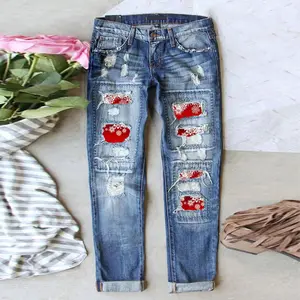 Christmas Collection Distressed Printed Women's Jeans with Festive Patterns barrel jeans Stylish Ripped Details for Autumn and Winter Outfits Pants