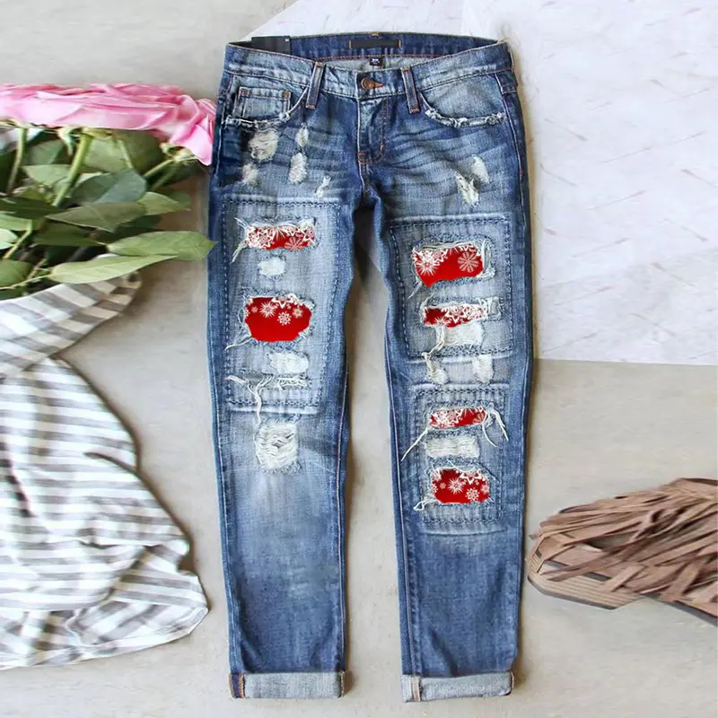 Women's Christmas Print Mid-Waist Barrel Jeans - Ripped Distressed Denim with Button Accents, Fitted Cut Slim Trousers, Elastane Holiday Streetwear for Autumn Winter Party Outfits