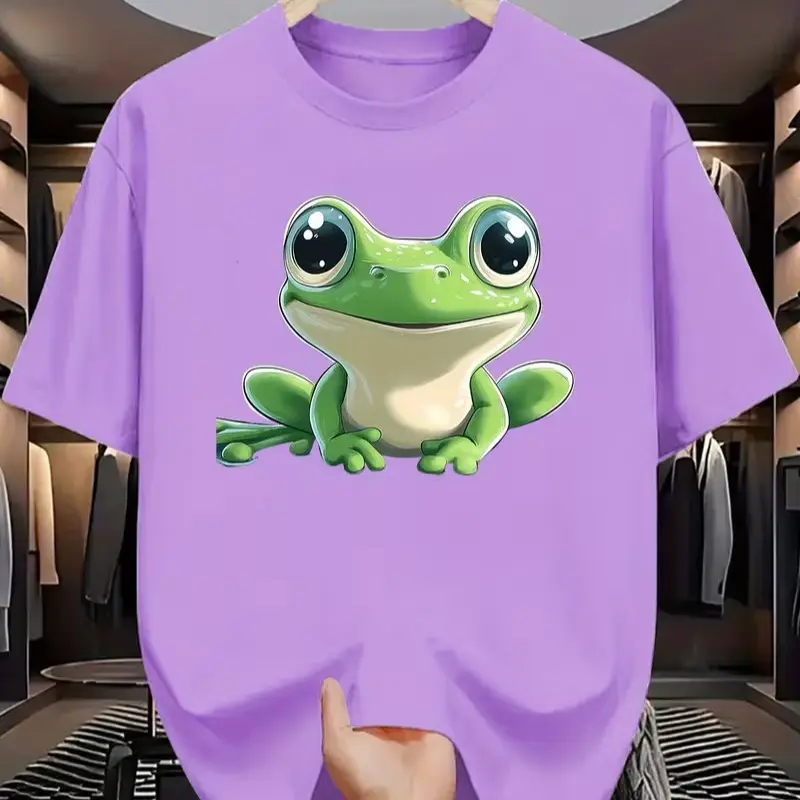 Kawaii Smiling Big Eyed Green Frog Print T Shirt Cute Cartoon Amphibian Simple Casual Everyday Cotton Women T-Shirt