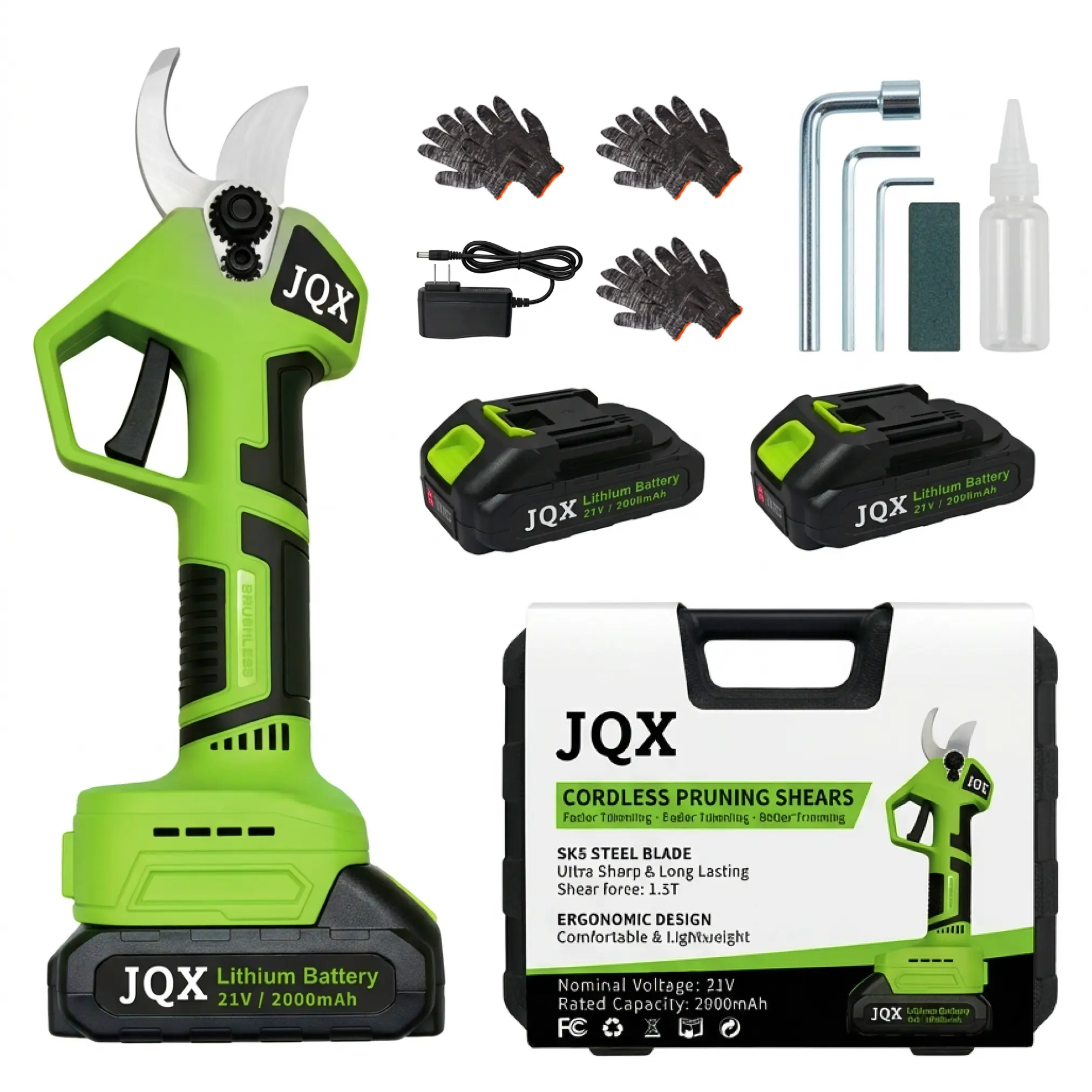 21V Cordless Brushless Motor Electric Pruner - Professional SK5 Steel Blade Tree Trimming Tool with LCD Display, 2 Batteries, 3 Pairs of Gloves for Garden & Orchard
