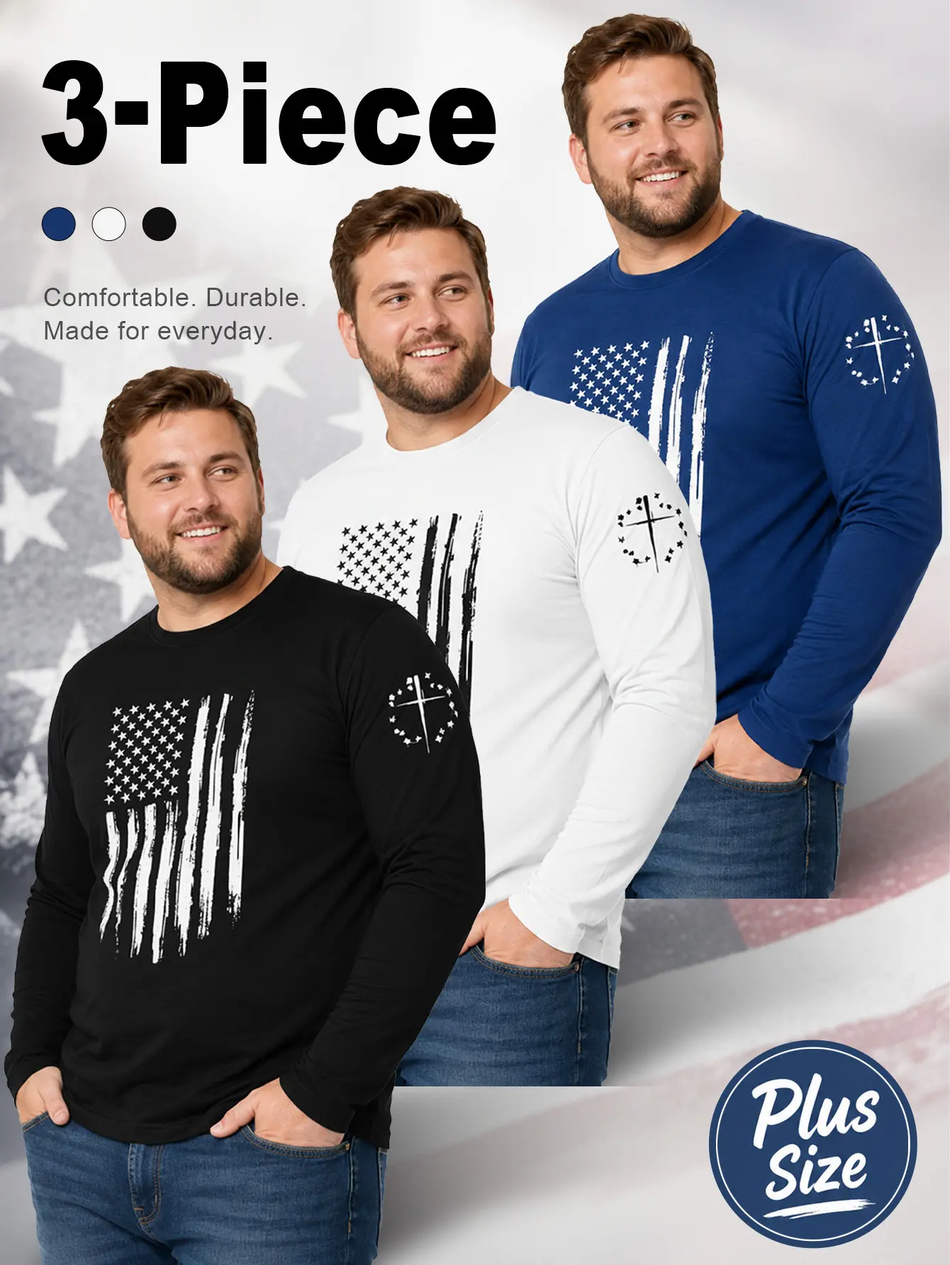 Men's Big & Tall 3-Pack Long Sleeve T-Shirts with American Flag Cross Design, Plus Sizes, Vintage Distressed USA Flag, Crew Neck, Patriotic Christian Tees for the Fourth of July