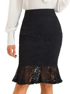 INSPIRE CHIC Elegant Work Knee Length Bodycon Fishtail Lace Pencil Skirt Black