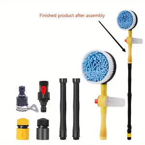 Rotating Car Wash Brush with Soap Dispenser & Hose Attachment Soft Bristle Car Spin Mop Washing Scrub Brush with Long Handle Water Flow Through High Pressure Car Cleaning Brush Kit Car Wash Hose