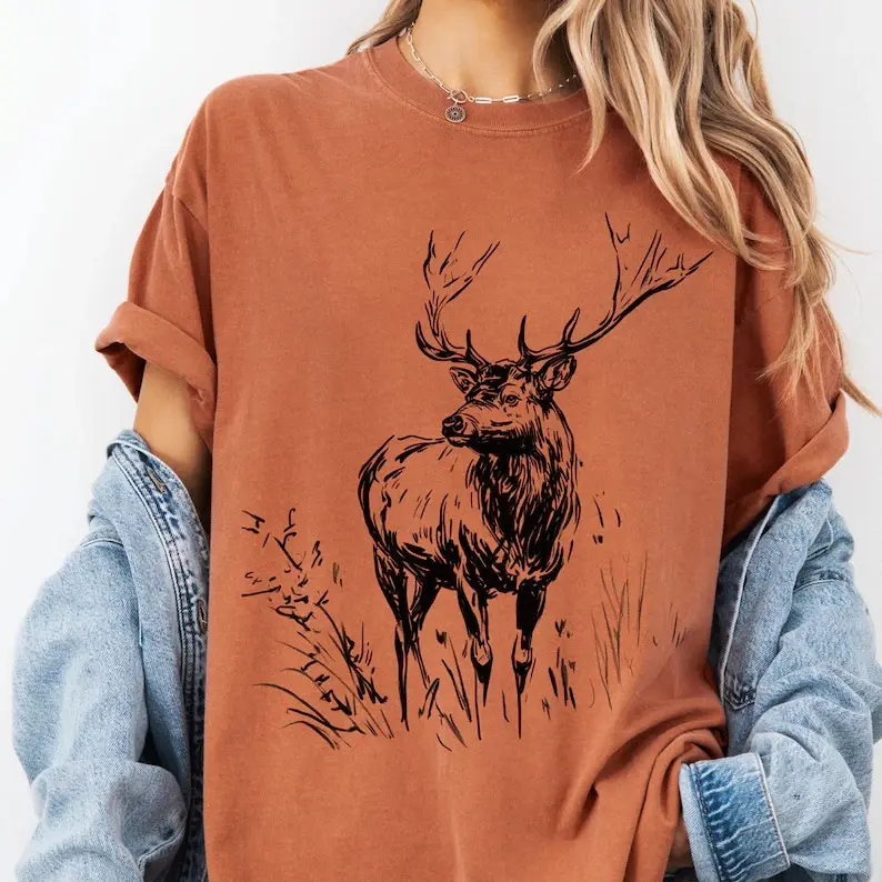 Comfort Colors Hand Drawn Deer Tee, Shirt for Nature Lovers, Hunters, and Campers, Vintage Wildlife Sketch Shirt
