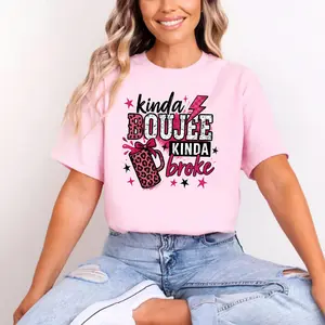 Coquette Pink Leopard Kinda Boujee Kinda Broke Unisex T-Shirt Coquette Bow Snarky Sublimation Unisex T-Shirt Motivation Sublimation, Antisocial