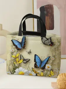 Floral Butterfly Pattern Handbag Lunch Bag, Women's Casual Shoulder Bag, Lunch Bags Women, Large Capacity Picnic Food Drink Bag, All Seasons, Portable Lunch Bag, Durable Lunch Bag