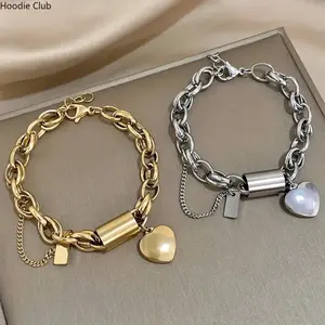 Stainless Steel Bracelet with Thick Chain & Heart Pendant, Heavy-Duty Stylish Wrist  for Men & Women, Trendy Daily Wear Accessory Perfect for New Year & Valentine's Day Gifts elegant unisex festival good luck light luxury  gift couples jewelry essential