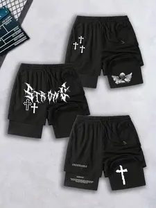 Men's 3 Pack Gothic Christian 2-in-1 Athletic Shorts - Strong Death Metal Font, Cherub Angel, John 3:16 Bible Verse Graphic Shorts with  Compression Liner, Dark Aesthetic Streetwear with Cross Prints, Quick Dry Mesh Workout Shorts for Gym