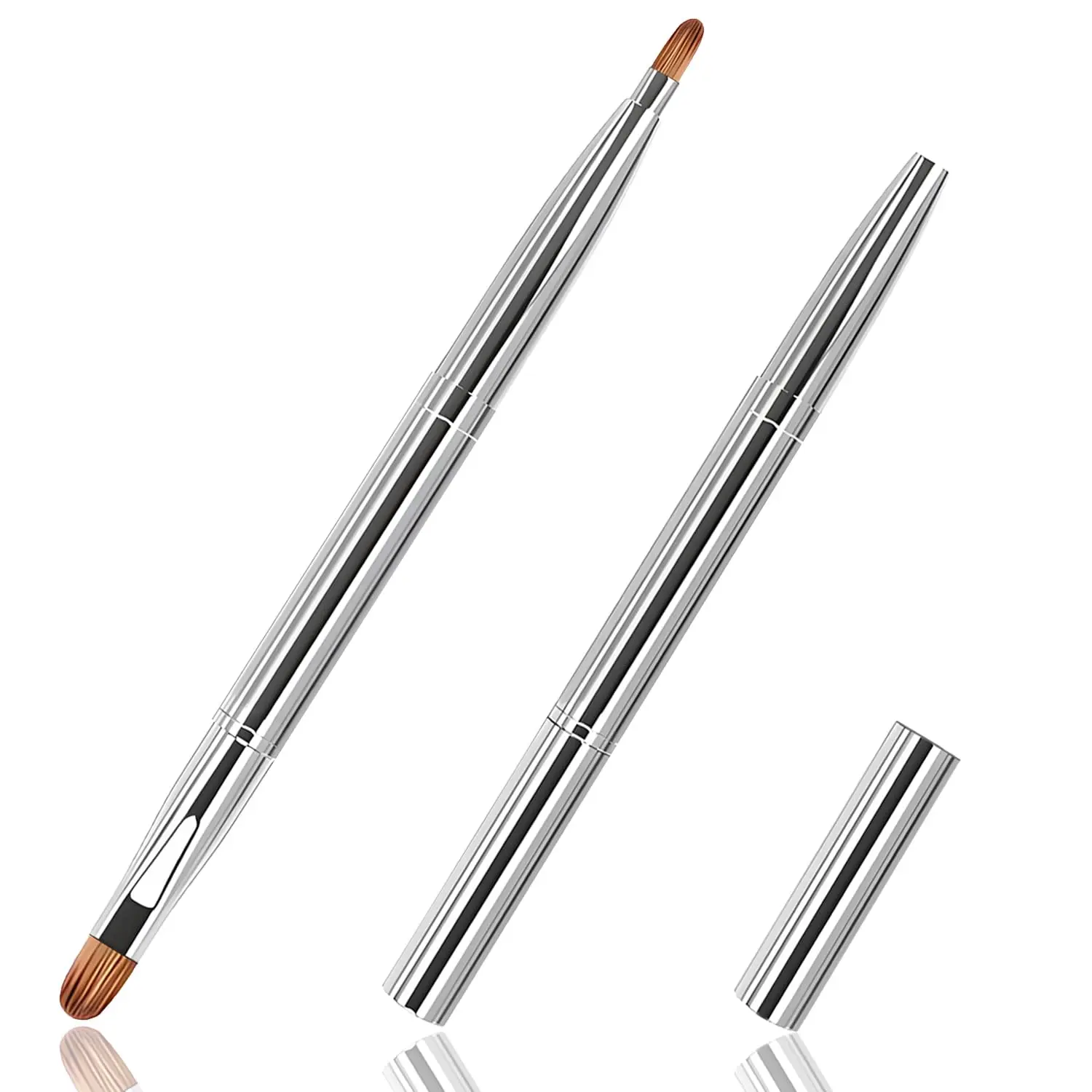 Silver Dual Ended Retractable Lip Brush – Portable Lip Brush for Lipstick & Lip Gloss, Eyeshadow Applicator, Travel-Friendly Makeup Brush, Includes Lid, Great Gift for Makeup Lovers
