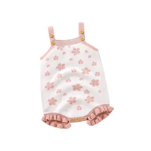 Low MOQ Mimixiong Baby Knitted Rompers Clothes Cute Flowers Pattern Jumpsuits  Baby Girls Summer Sleeveless onesies