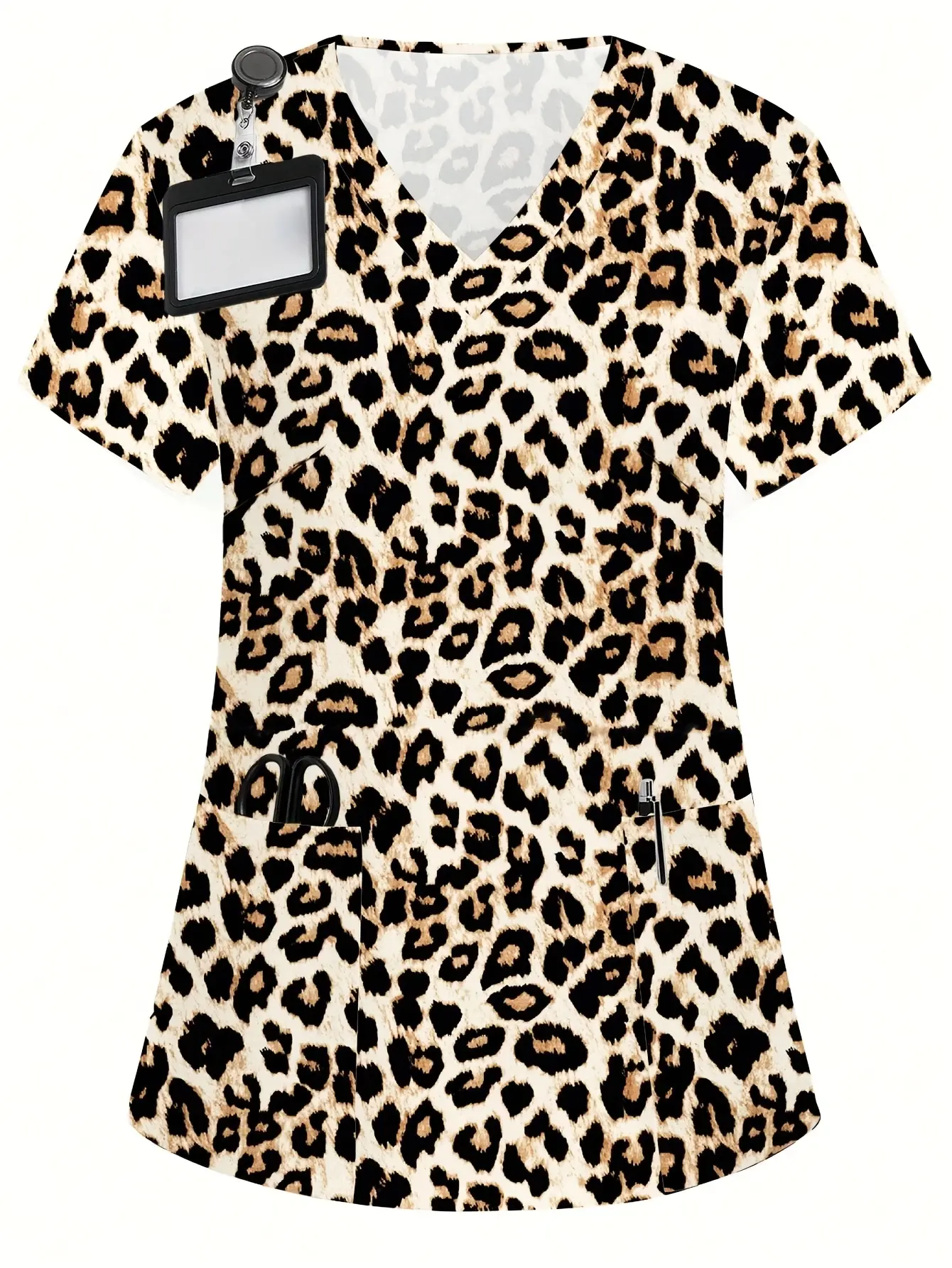 Leopard Print V-Neck Short Sleeve Matte Uniform Top