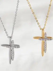 Couple models double cross necklace new special Europe and the United States full of zirconia cross necklace gold and silver two-color color separation plating jewelry collarbone chain