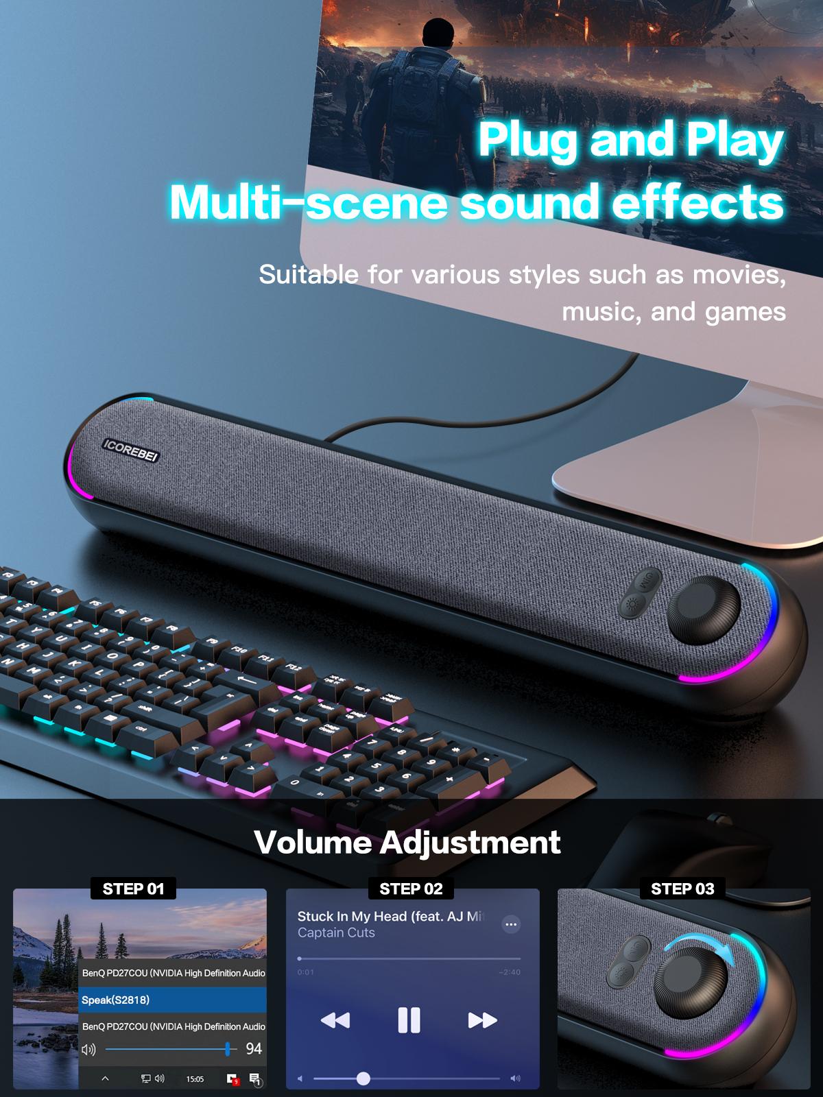 ICOREBEI Desktop Computer Speaker/Soundbar, compatible with Mac, desktop, laptop, tablet, monitor, and PC, plug and play, USB to USB-C power supply and audio transmission; Bluetooth 5.3, RGB lighting, wired gaming speaker.