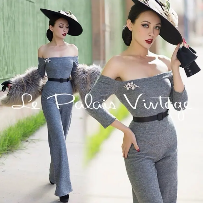 Le Palais Vintage Gray Off-Shoulder Jumpsuit/size:M