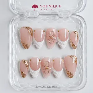 Younique Nails 2025 | DW Studio | Rose Époque | 10PCS 100% Handmade Press-On Nails | Reusable Colorful Acrylic Luxury Pearls Rhinestones Long Lasting 3D Beige Design stylish Charm Luxurious office wear Art salon-quality