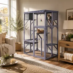 70" Outdoor Wooden Catio – 4 Platforms & 2 Napping Houses, Waterproof Cover, 2 Strong Locks, Stepped Design, Galvanized Wire, Solid Wood, Gray