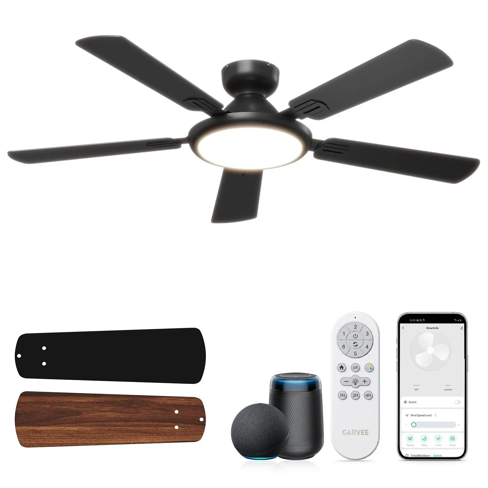 52" Smart Low Profile Ceiling Fan, WiFi Alexa Voice Control, 3 Color Dimmable LED Light, 6-Speed Reversible Quiet DC Motor, Dual Finish Blades for Home Patio