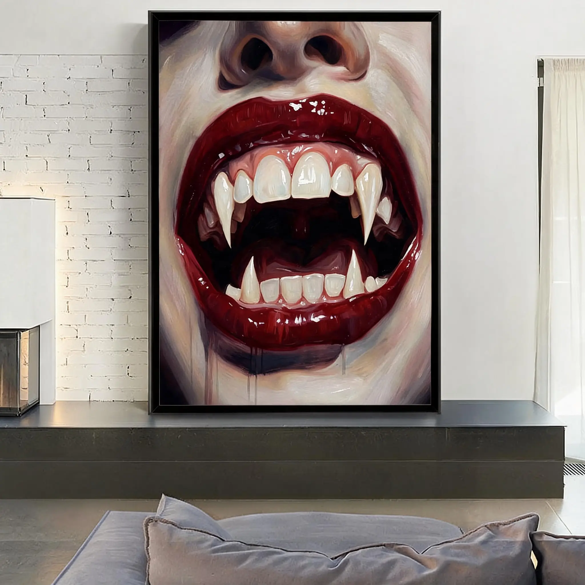 Vampire Slayer Poster Vampire Fang Poster Dark Romance Gothic Wall Art, Hot Red Lips Vampire Smile Canvas Print, Horror Aesthetic Room Decor, Halloween Spooky Wall Decor, Dark Academia Bedroom Decoration