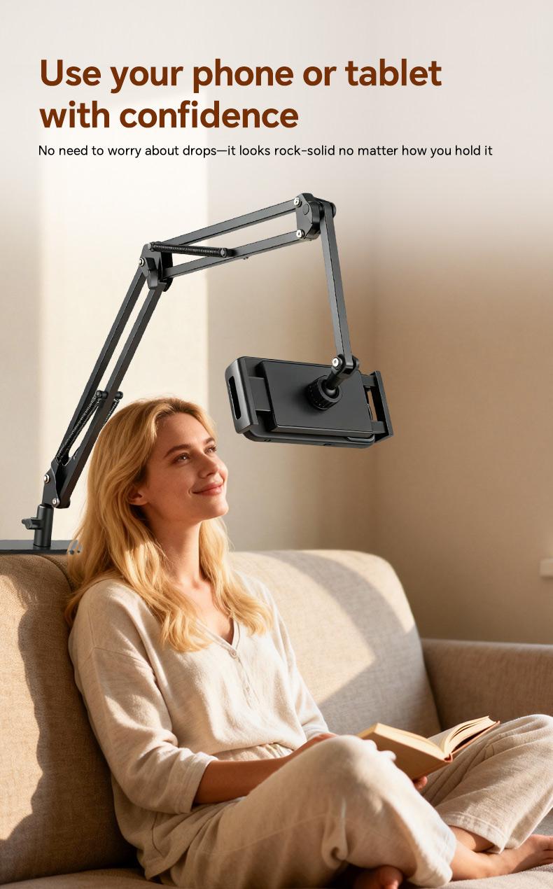 Metal Cantilever Stand For Phone & TabletMulti-angle Adjustable For Bedside Streaming, Office Work, Or Online Classes. Instantly Folds Flat To Save Space. Compatible With IPad, IPhone, Modern Design With Durable Construction For Reliable Support.