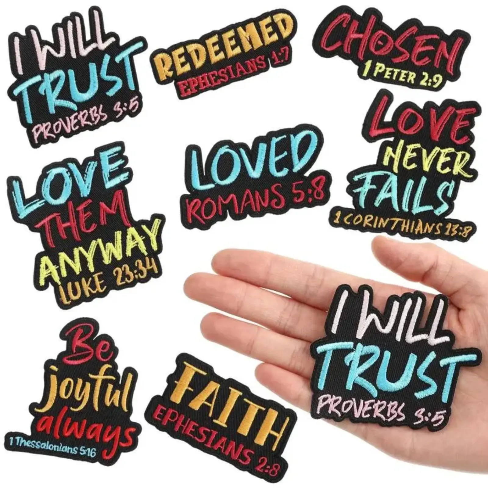 Christian Iron-On Patches, 8 Pcs 3 in Bible Verse Fabric Applique with Precise Stitch, Sew-On for Sports & Outdoor, Expresses Religious Faith, Outdoor Diy, Backpacks/Jackets, Wash-Resistant, Bible Verse Themed Designs, Fabric Appliqué, Religious Theme, Ja