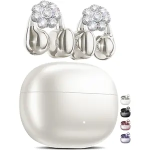 Clip-on Earbuds    5.4 Comfortable Open Ear Headphones with Detachable Flower Earrings,IPX5 , 50H Play, for Women, ,Parties,Festival (White)