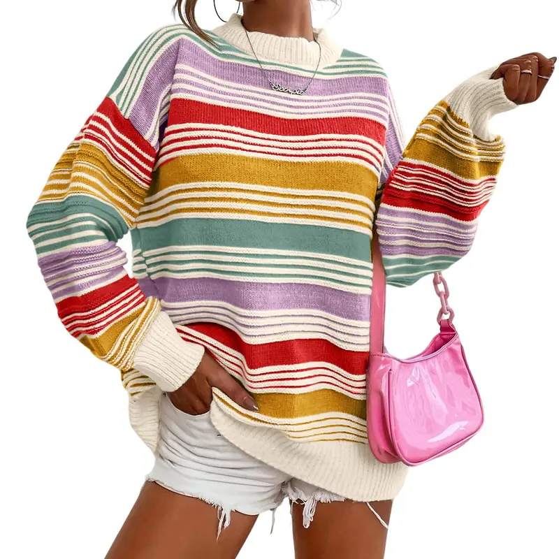 utcoco Women's Knitting Sweater - Casual Oversized Cute Rainbow Color Block Pullover, Lightweight Slouchy Round/Crew Neck Long Sleeve Fall Plus Size Top