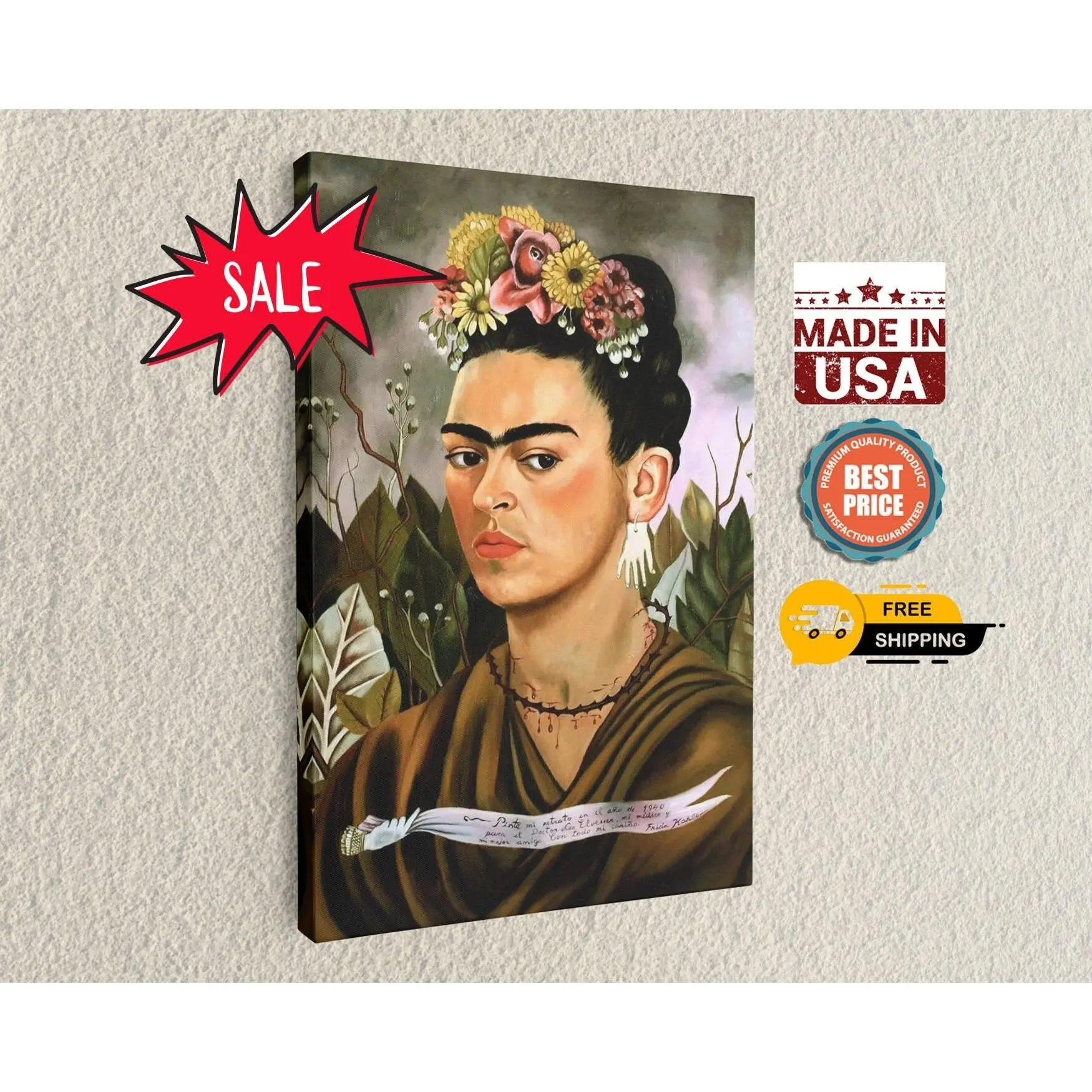 Frida Kahlo Self-Portrait Canvas Print, Mexican Masterpiece Wall Art, Home Decor, Handcrafted