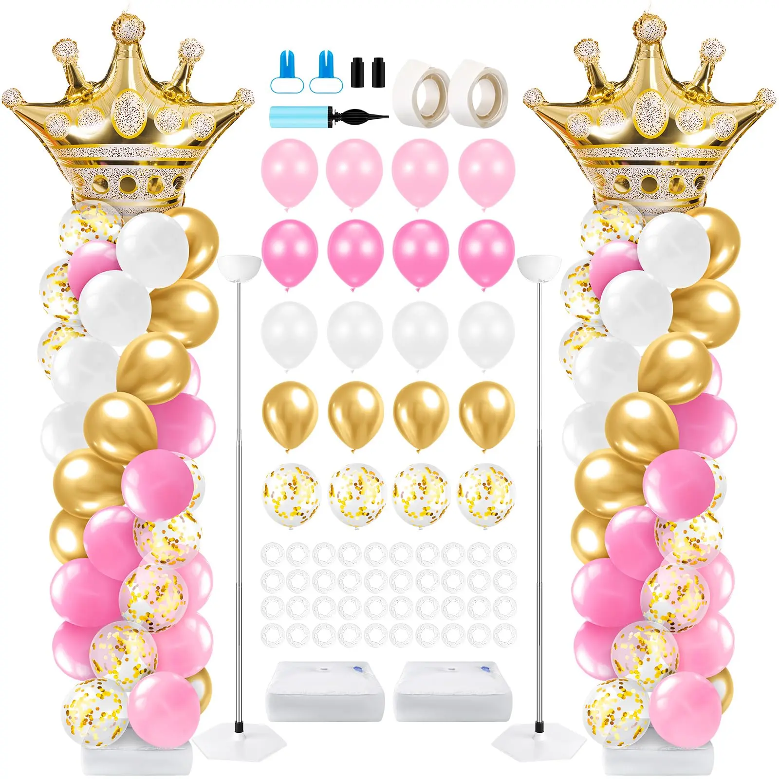 2 Sets Princess Balloon Column Kit with Crown Foil Balloons, Latex, Adjustable Pink & Gold Stands