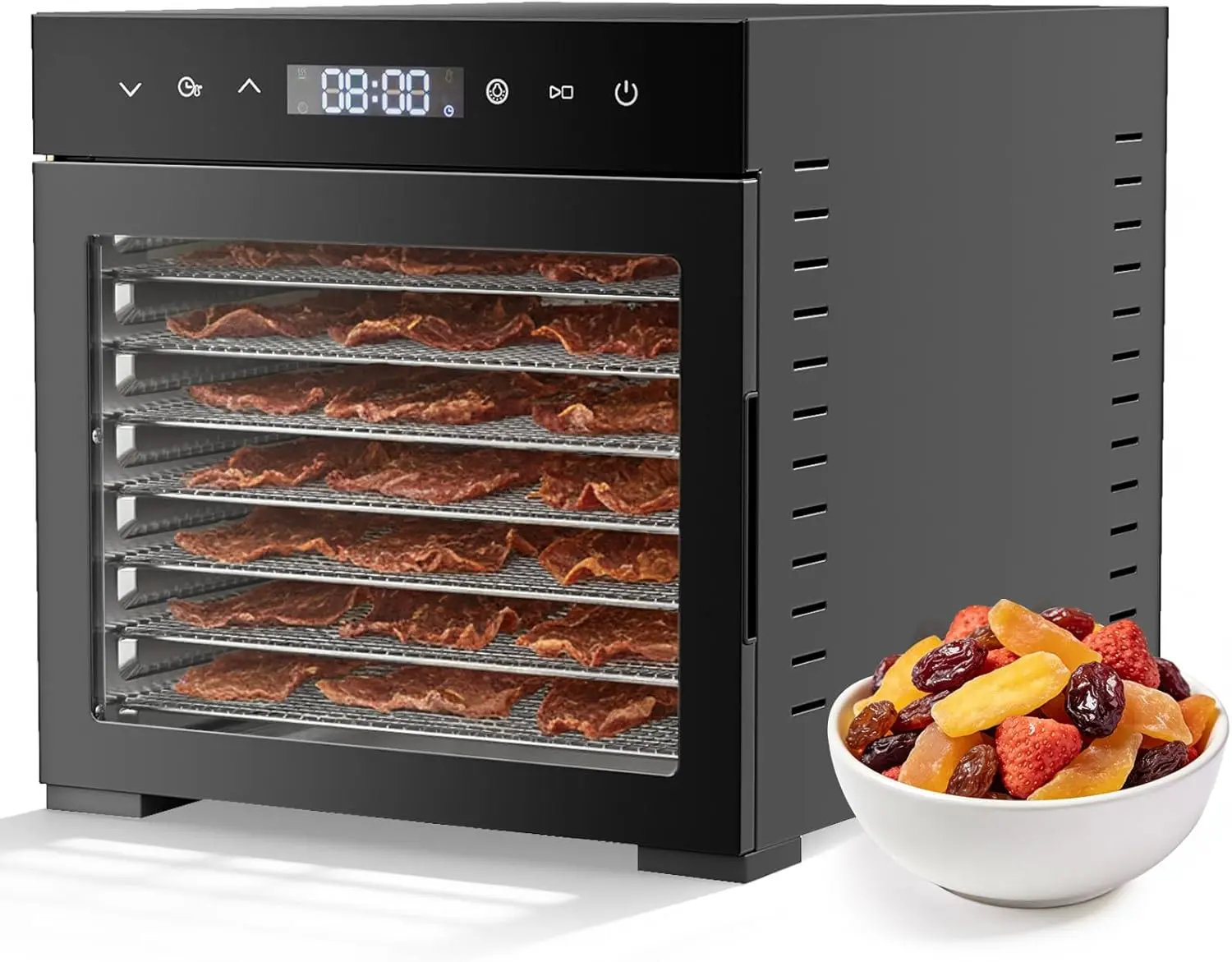 Sweetcrispy Countertop Multi-Slice Food Dehydrator Machine - 500W Home Appliances with 8 Large Dishwasher Safe Stainless Steel Trays, 185°F Temp Control, 24H Timer for Fruit, Meat
