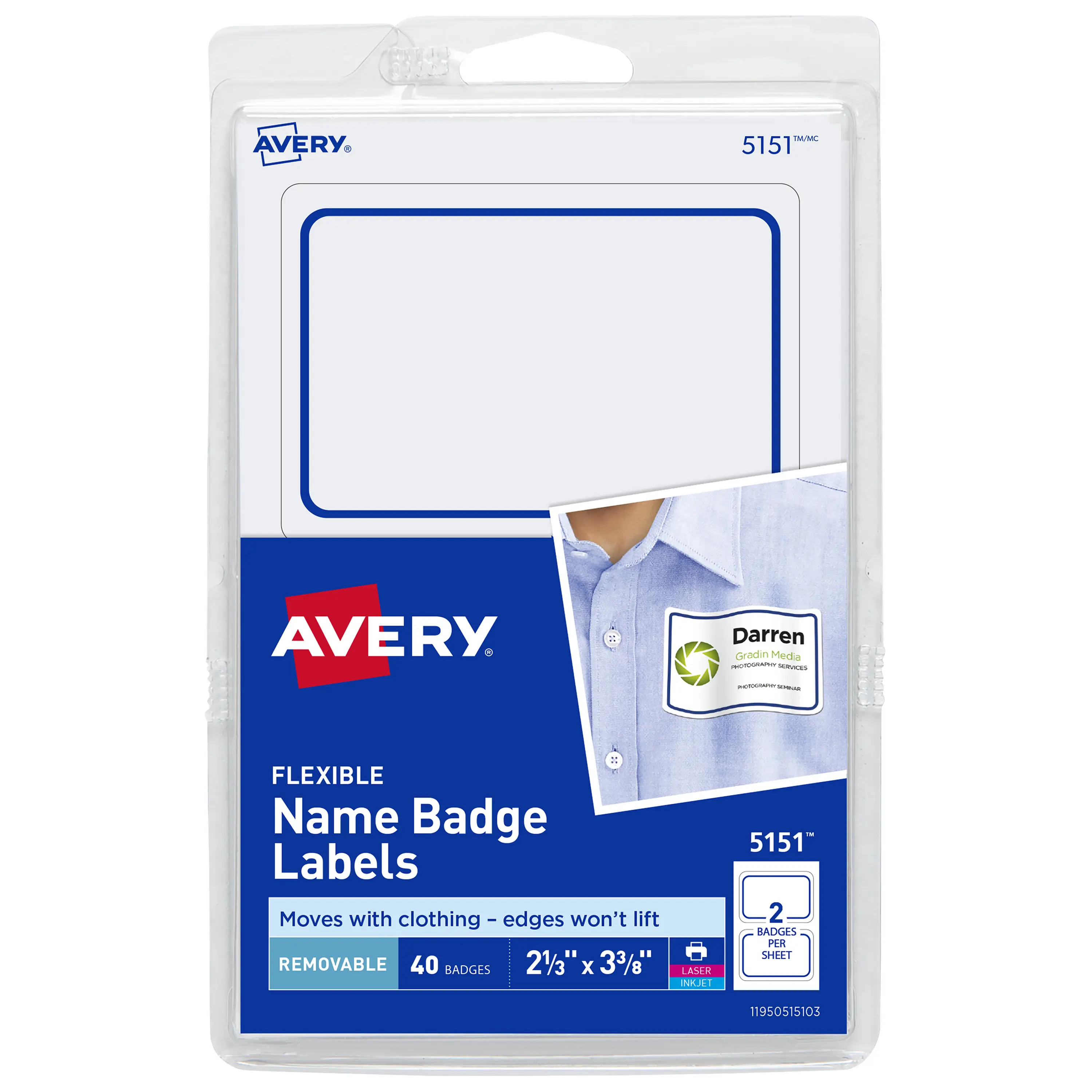 Avery Flexible Printable Name Tags, 2-1/3" x 3-3/8", White with Blue Border, 40 Removable Name Badges (05151)